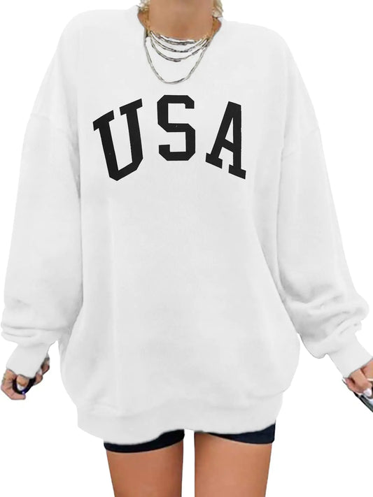 Womens USA Graphic Sweatshirts Oversized Sweatshirt Pullover Crewneck Long Sleeve Casual Tops(White M)