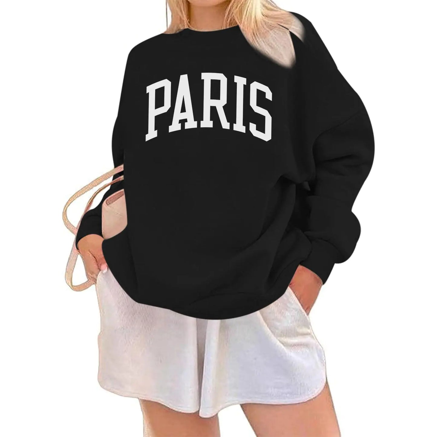 Paris France College Sweatshirt for Women Oversized Letter Graphic Preppy Shirts Crewneck Long Sleeve Pullover Tops (Black2XL)